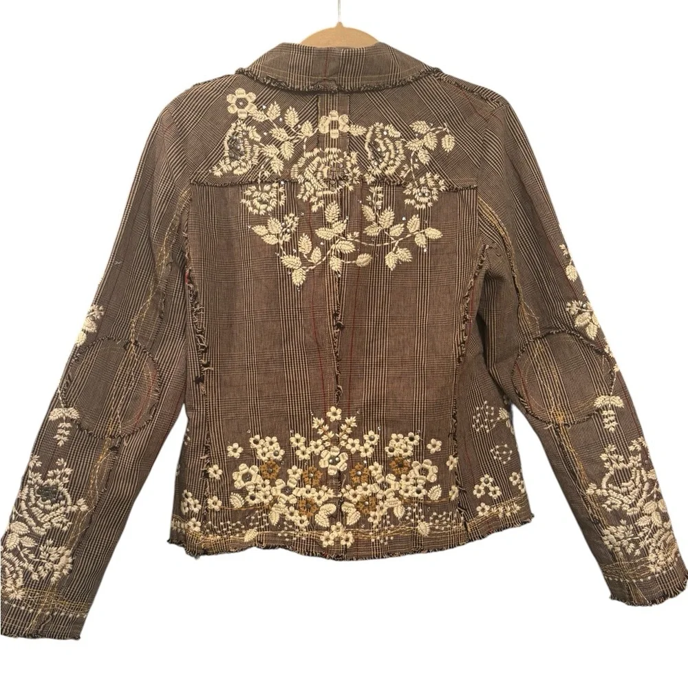 NWOT Paparazzi by Biz Floral Embroidered Tweed Boho Jacket in Brown Plaid XL
